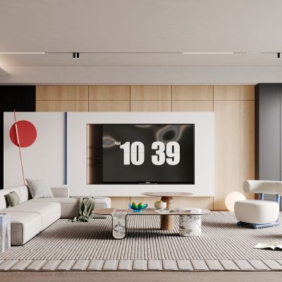 现代，原木，客厅，沙发组合，电视机墙，吧台，简约，侘寂