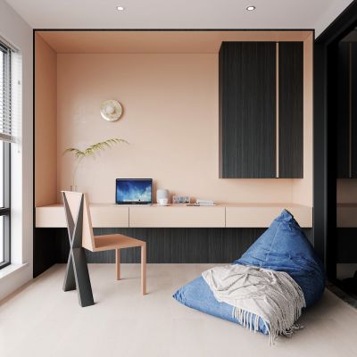 阳台，书房，书桌椅，吊柜，现代