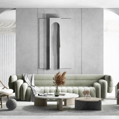 现代轻奢 奶油风格客厅 沙发茶几组合3D模型