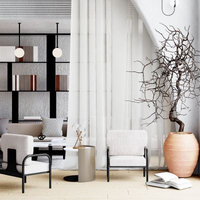 现代单人沙发，边几