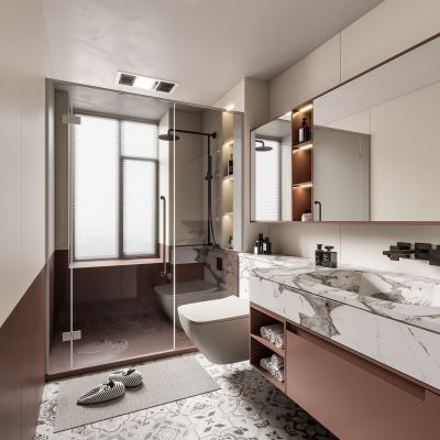 现代卫生间 马桶 浴室柜 洗脸盆 镜子 玻璃隔断 