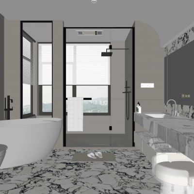 现代卫生间 马桶 浴室柜 洗脸盆 镜子 玻璃隔断 浴缸