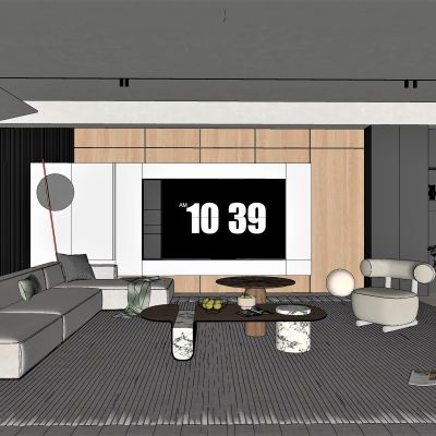 现代，原木，客厅，沙发组合，电视机墙，吧台，简约，侘寂SU模型