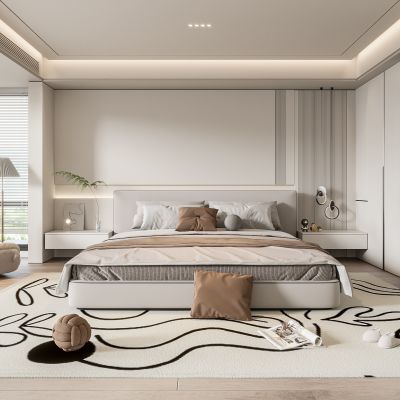 现代卧室 双人床 饰品 休闲椅 床头吊灯 造形吊顶 衣柜