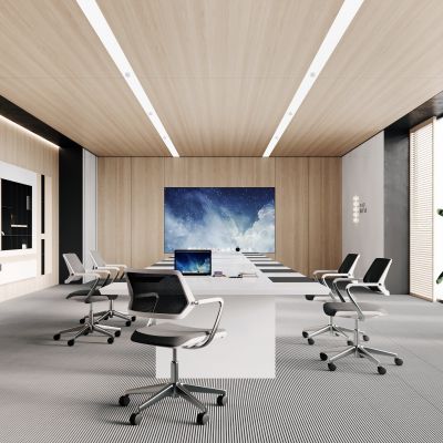 极简，原木，办公，会议室，会议桌椅，现代风，投影，地毯，柜子