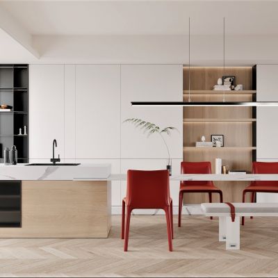 现代，原木，餐厅，餐桌椅，中岛，吧台，简约，侘寂