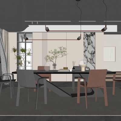 现代餐厅  吊灯  餐桌椅  装饰柜  装饰画  窗帘  地毯