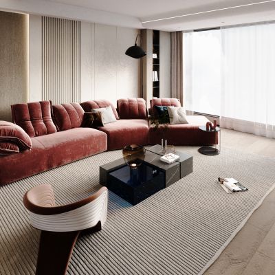 现代轻奢客厅，沙发茶几组合摆件