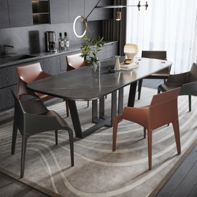 现代餐桌椅组合 餐厅 单椅 酒柜 地毯 吊灯