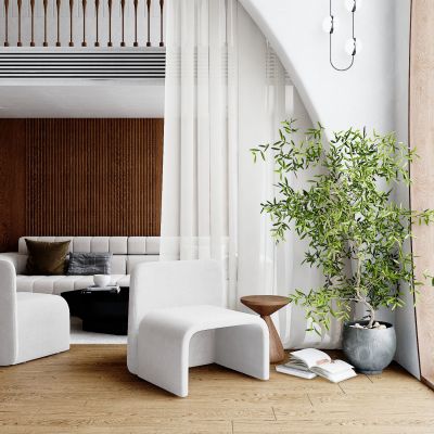 现代单人沙发，边几