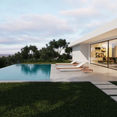 现代室外建筑 植物 盆栽 沙发 休闲椅 餐桌椅 草 树