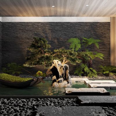 新中式风格的景观    水池   船