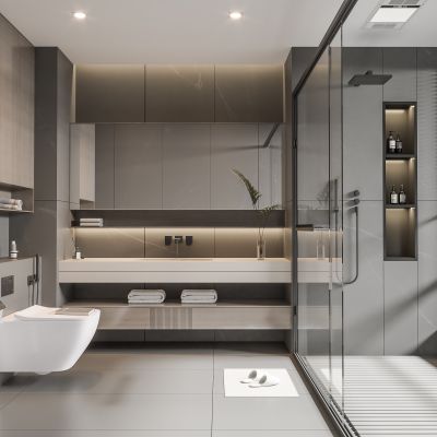 现代卫生间 马桶 浴室柜 洗脸盆 镜子 玻璃隔断