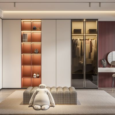 现代衣帽间、衣柜、衣服,休闲沙发,地毯，玻璃柜门、饰品、落地灯、梳妆台