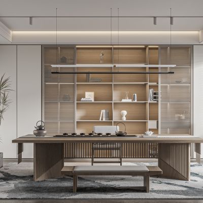 新中式书房 书柜 书桌椅子 装饰品 绿植