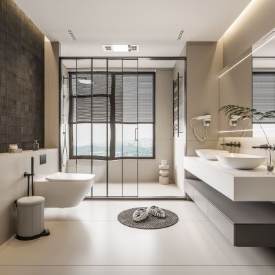 现代卫生间 马桶 浴室柜 洗脸盆 镜子 玻璃隔断