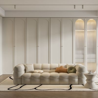 现代衣帽间、奶油风衣帽间、衣柜、衣服,休闲沙发,地毯，玻璃柜门、饰品