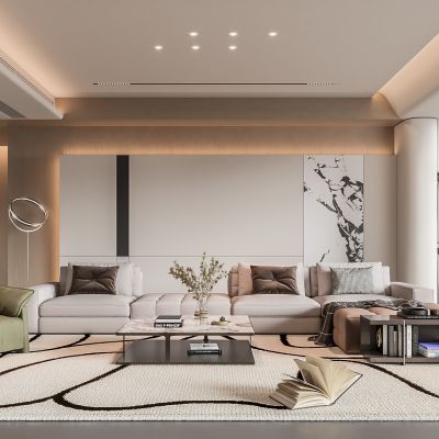 现代客厅 奶油风客厅 沙发组合 茶几组合 洗衣机组合柜 饰品摆件