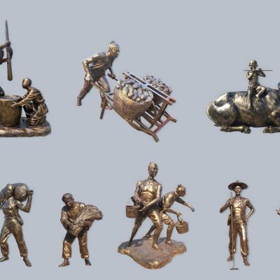 现代民俗雕像景观小品_农耕人物铜像_牧牛雕像