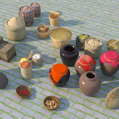 新中式酒缸_酒坛_扁担_粮袋_农耕小品