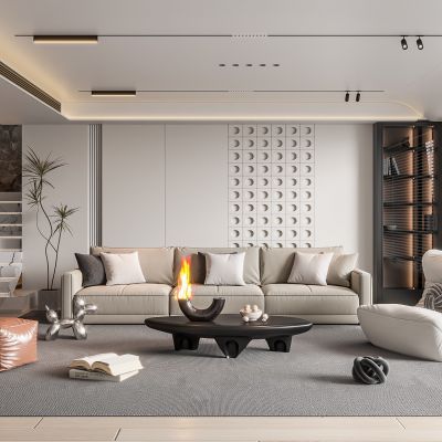 现代客厅 奶油风客厅 沙发组合 茶几组合 饰品摆件 楼梯