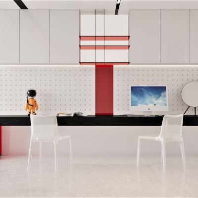 现代，书房，书桌椅，书柜，亚克力，红色