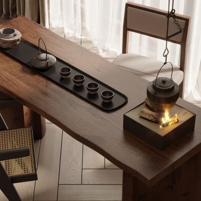 新中式茶桌椅组合_木地板_窗帘_纱帘