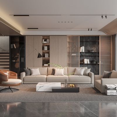现代客厅 奶油风客厅 沙发组合 茶几组合 饰品摆件 楼梯