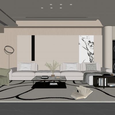 现代客厅 奶油风客厅 沙发组合 茶几组合 洗衣机组合柜 饰品摆件