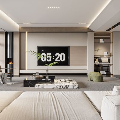 现代客厅 奶油风客厅 沙发组合 茶几组合 饰品摆件 钢琴 壁炉