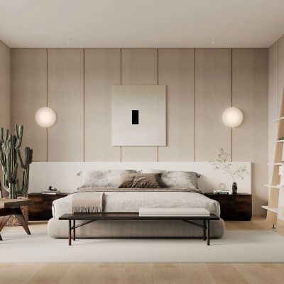 中古风，卧室，木作，书架，床品，休闲椅，边几，壁灯，侘寂