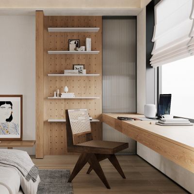 侘寂，儿童房，原木，卧室，书房，书柜，床品，洞洞板