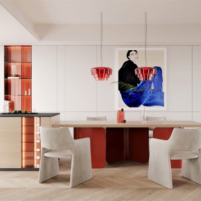 现代，中岛，餐厅，橱柜，亚克力，红色