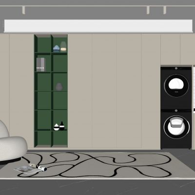 现代衣帽间、洗衣间、衣柜、休闲沙发,地毯，洗衣机、饰品
