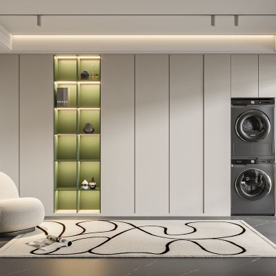 现代衣帽间、洗衣间、衣柜、休闲沙发,地毯，洗衣机、饰品
