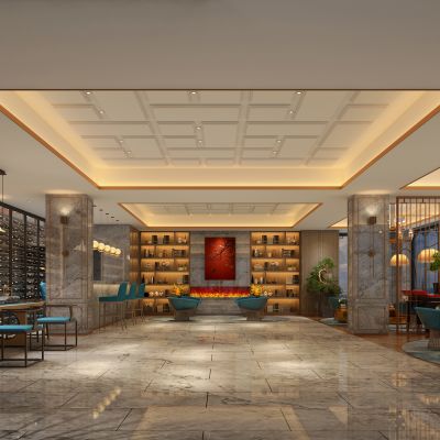 新中式行政酒廊施工图及效果图