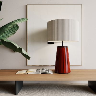 台灯，橙红色，金属，轻奢，帆布灯罩