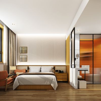 现代酒店客房，酒店标准间，原木风酒店客房，酒店家具用品，酒店饰品