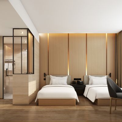 现代酒店客房，酒店标准间，原木风酒店客房，酒店家具用品，酒店饰品