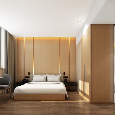 现代酒店客房，酒店大床房，原木风酒店客房，酒店家具用品，酒店饰品