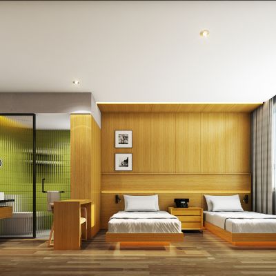 现代酒店客房，酒店标准间，原木风酒店客房，酒店家具用品，酒店饰品