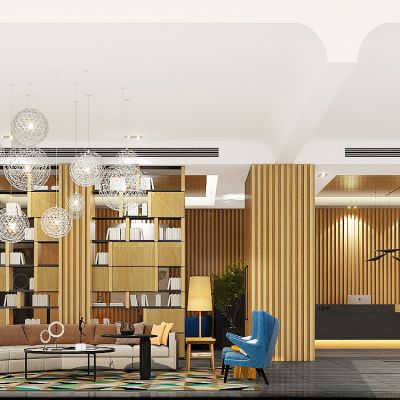 现代酒店大堂，文创酒店大堂，酒店前台，原木风酒店大堂