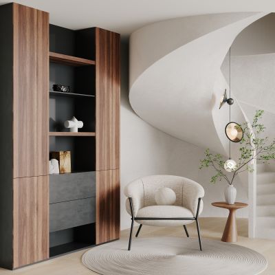 楼梯间，装饰柜，中古，侘寂