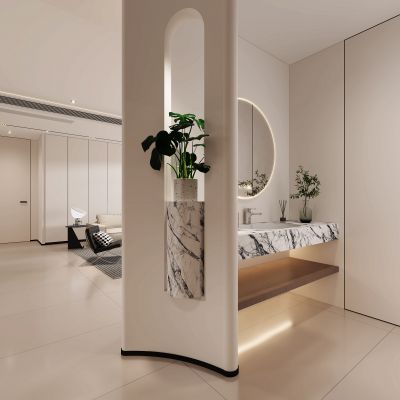 现代干区，洗手区，洗手池，入户，客厅