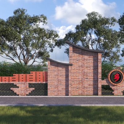 新中式乡村广场入口红砖镂空景墙3D模型