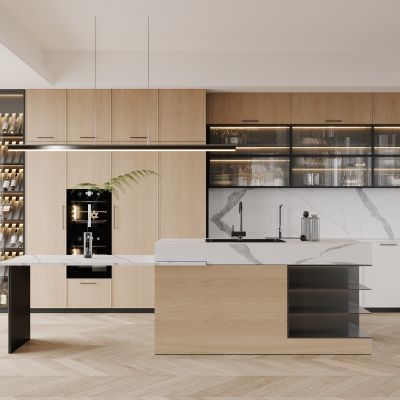 现代，开放式，中岛，厨房，橱柜