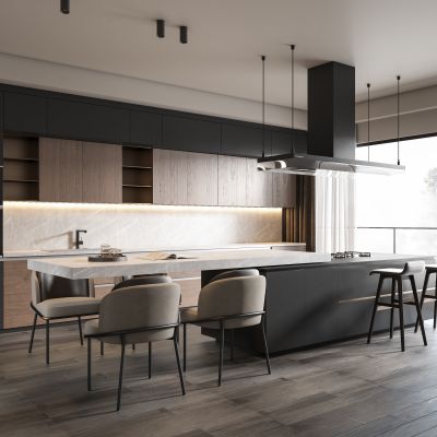 开放式橱柜中岛餐桌椅