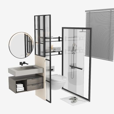 洗脸台组合，长虹玻璃门，马桶及毛巾架，淋浴头及淋浴隔断，百叶帘