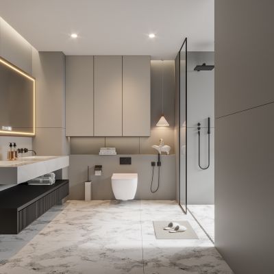 现代卫生间 马桶 浴室柜 洗脸盆 镜子 玻璃隔断 