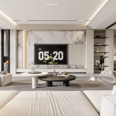 现代客厅 奶油风客厅 沙发组合 茶几组合 饰品摆件 钢琴 壁炉